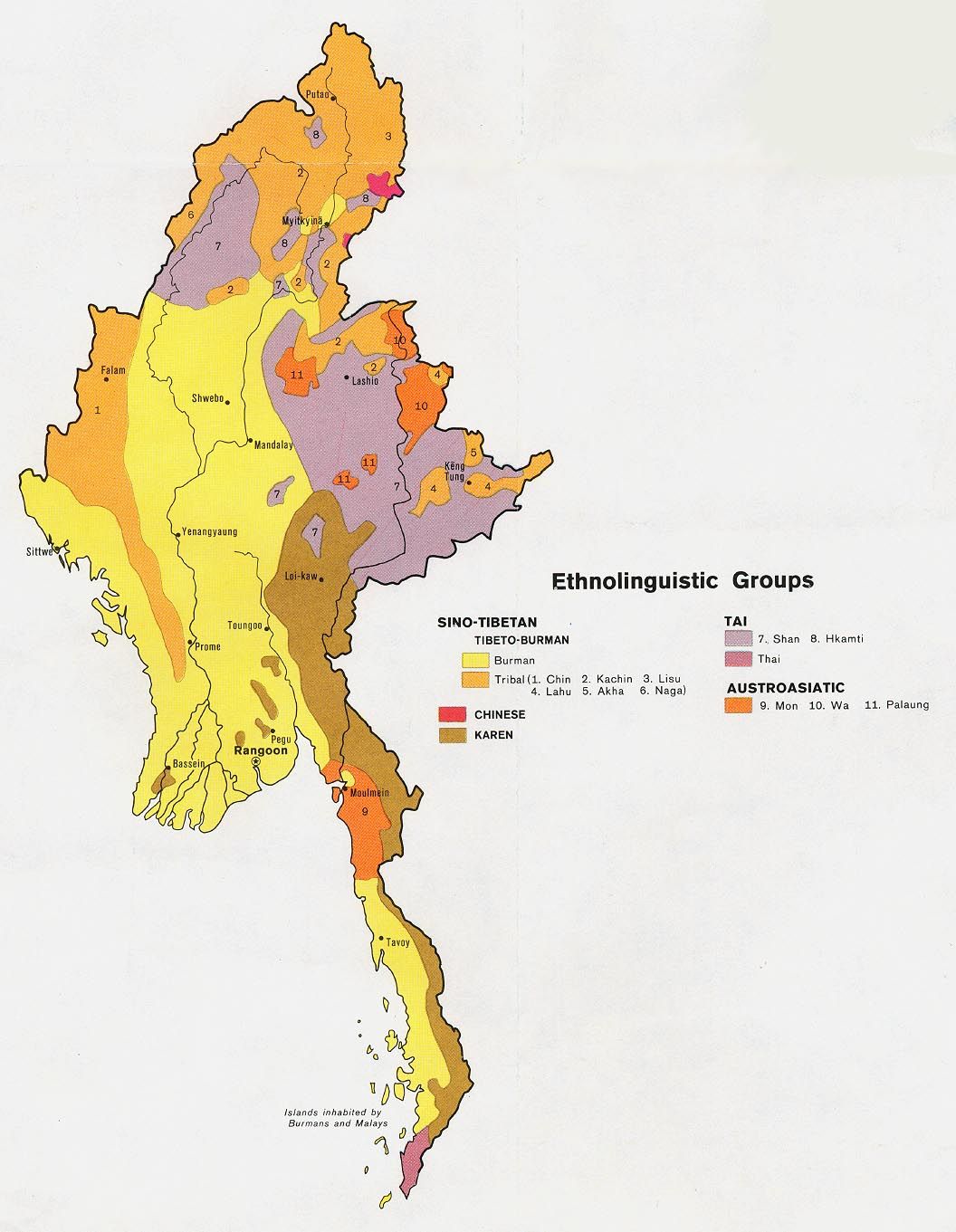 Kaart van etnisch taalkundige groepen in Birma